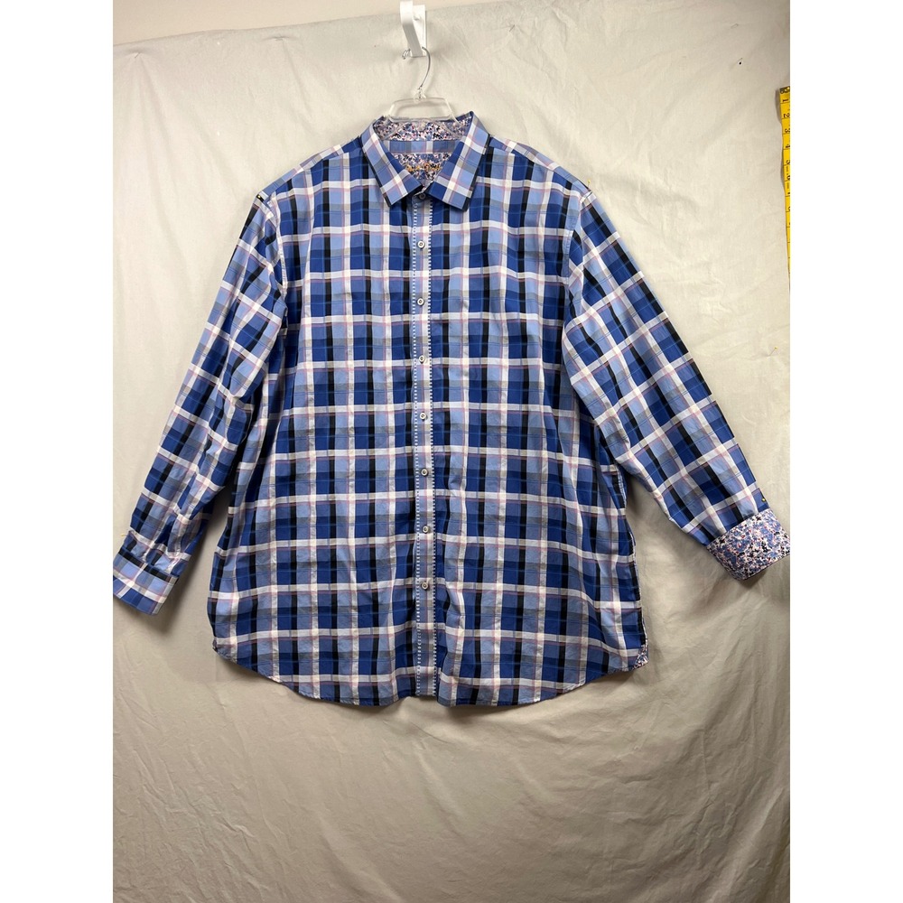 Robert Graham Button Down Shirt Mens 4XLT Blue Plaid Floral Trim Long Sleeve